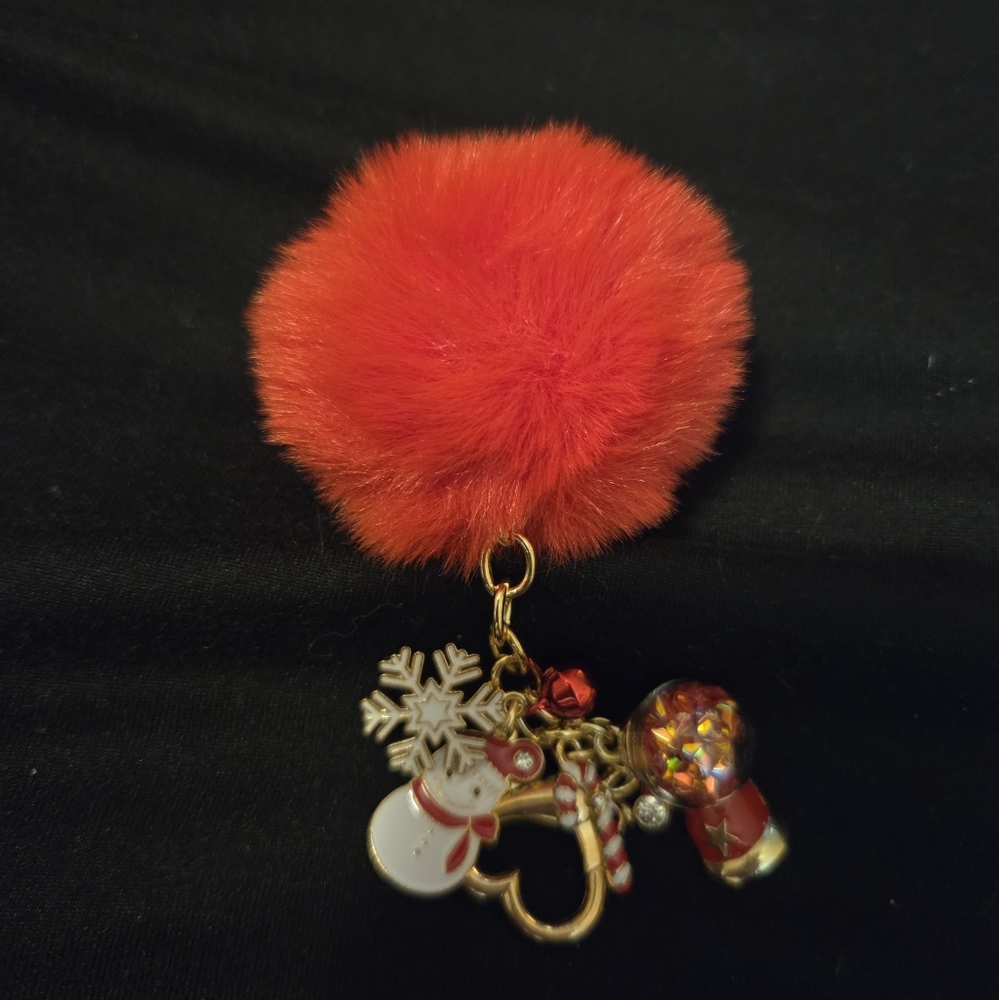 Red Pom Pom Keychain with Snowman Charm NWOT - Picture 2 of 6